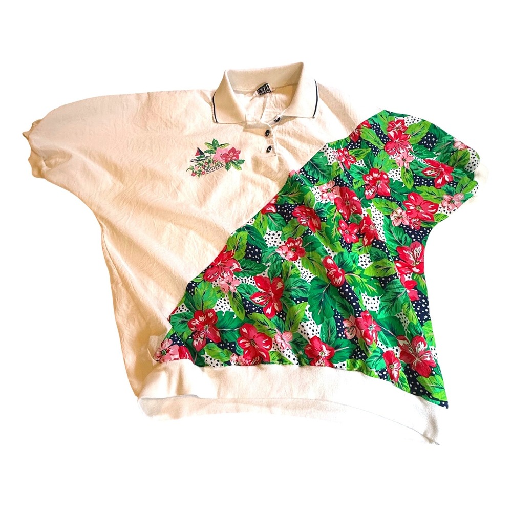 Vintage Cricket Lane Tropical Floral Polo‎ Shirt Cream Colorblock Top